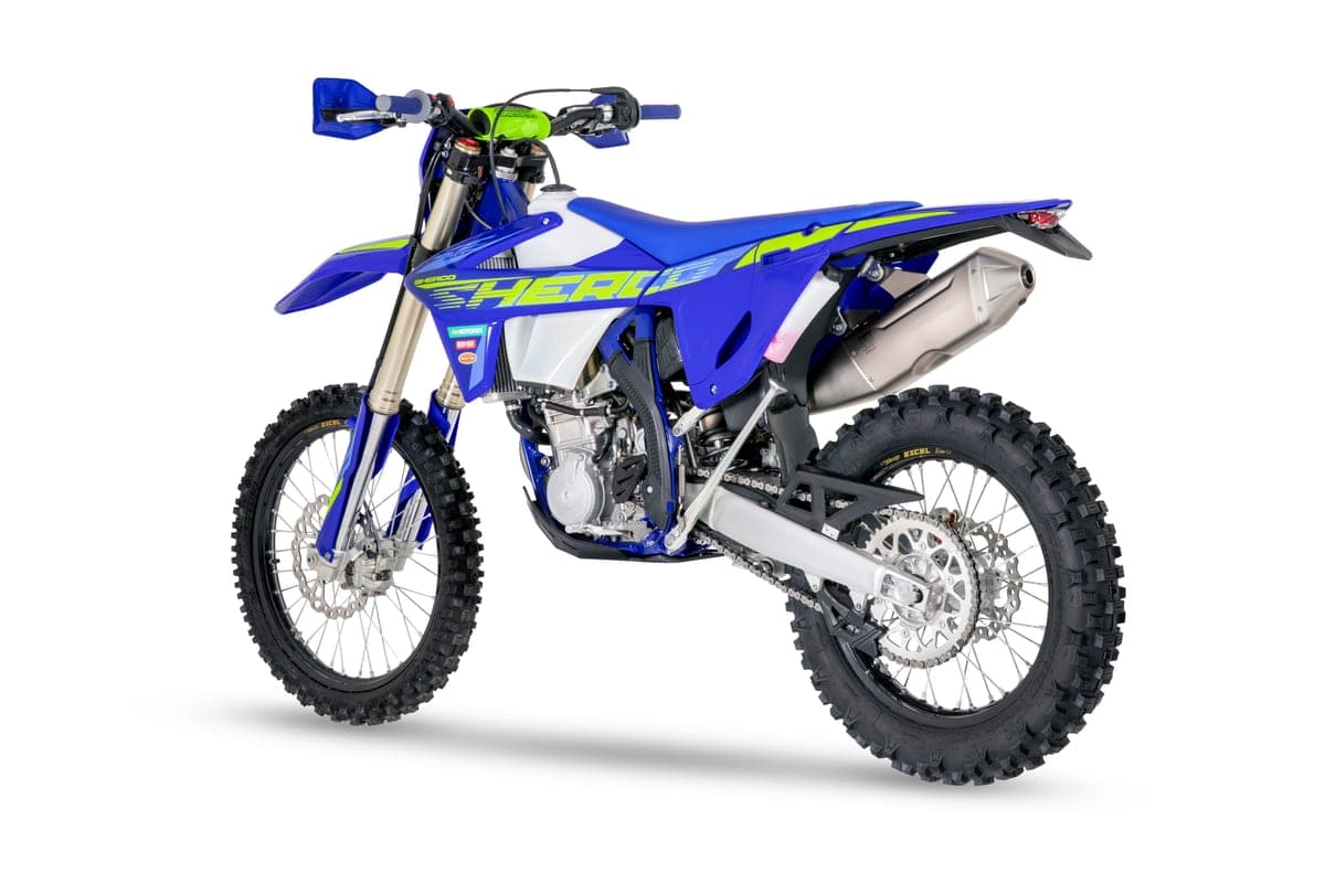 Sherco 500 SEF Factory rear three-quarter studio view showing the rear disc brake, chain guide and swingarm