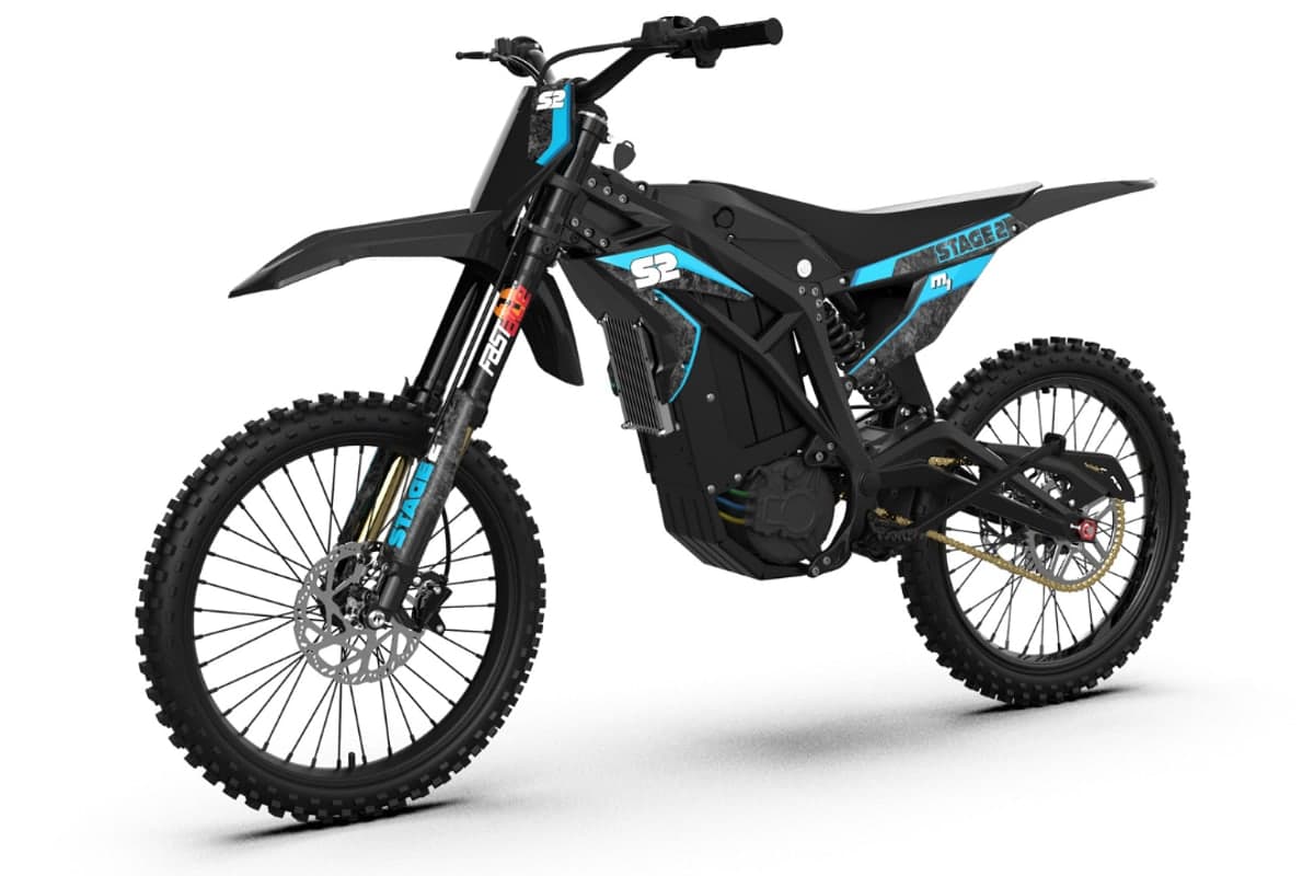 Stage2 M1 angled studio view showing the Fastace fork and rear shock
