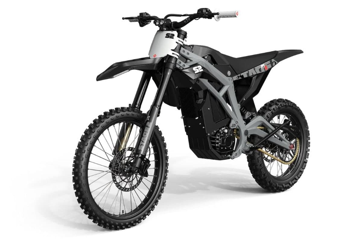 Stage2 M2 front three-quarter studio view showing the fork, front disc and number board