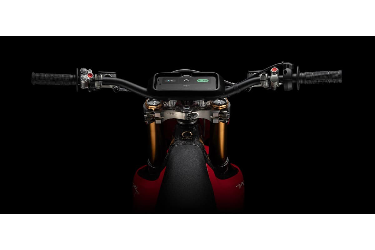 Stark Varg MX Factory Edition head-on, showing the handlebar-mounted display, KYB Factory fork and front disc