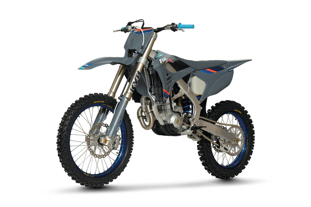 TM MX 300 ES Fi 4T studio view from the opposite side, showing the exhaust, TM Moto shock and aluminium swingarm
