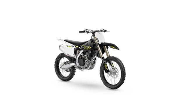 Triumph TF 450-X front three-quarter studio view highlighting the white front fender, black bodywork and yellow TF graphics