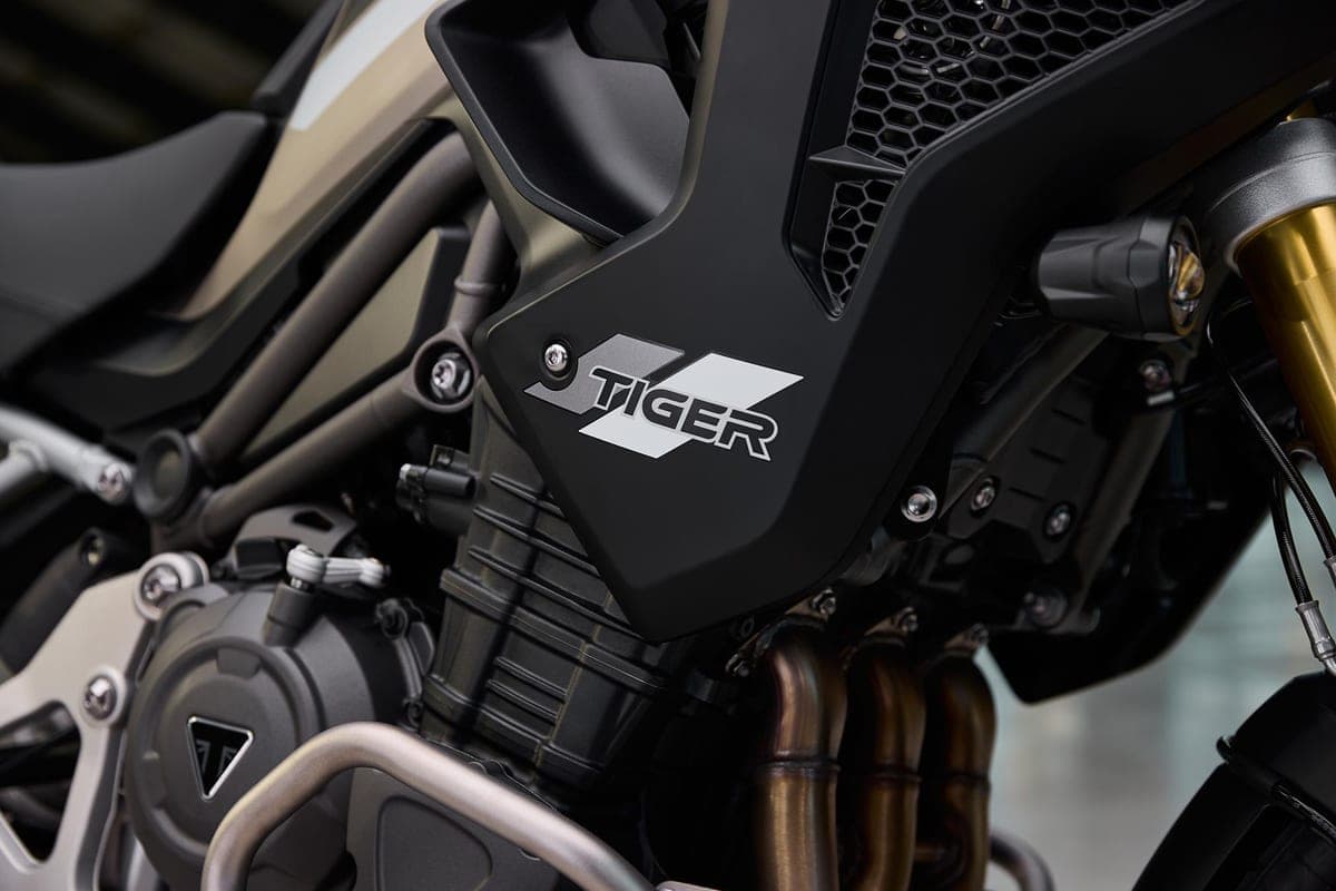 Close-up of the Tiger 1200's triple engine showing the radiator shroud with Tiger logo, exhaust headers and gold-finished fork leg