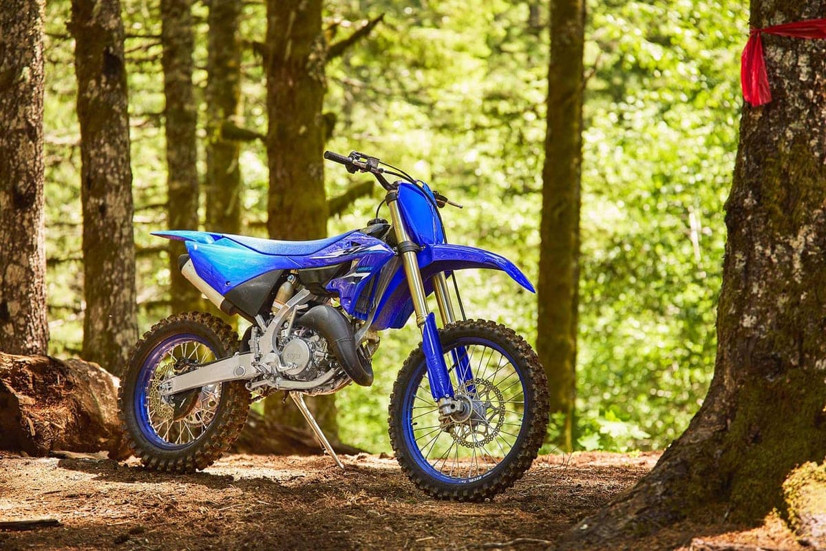 Yamaha YZ125X parked on its kickstand on a wooded trail, front three-quarter view showing the gold fork legs and blue bodywork with a trail ribbon marker on a nearby tree