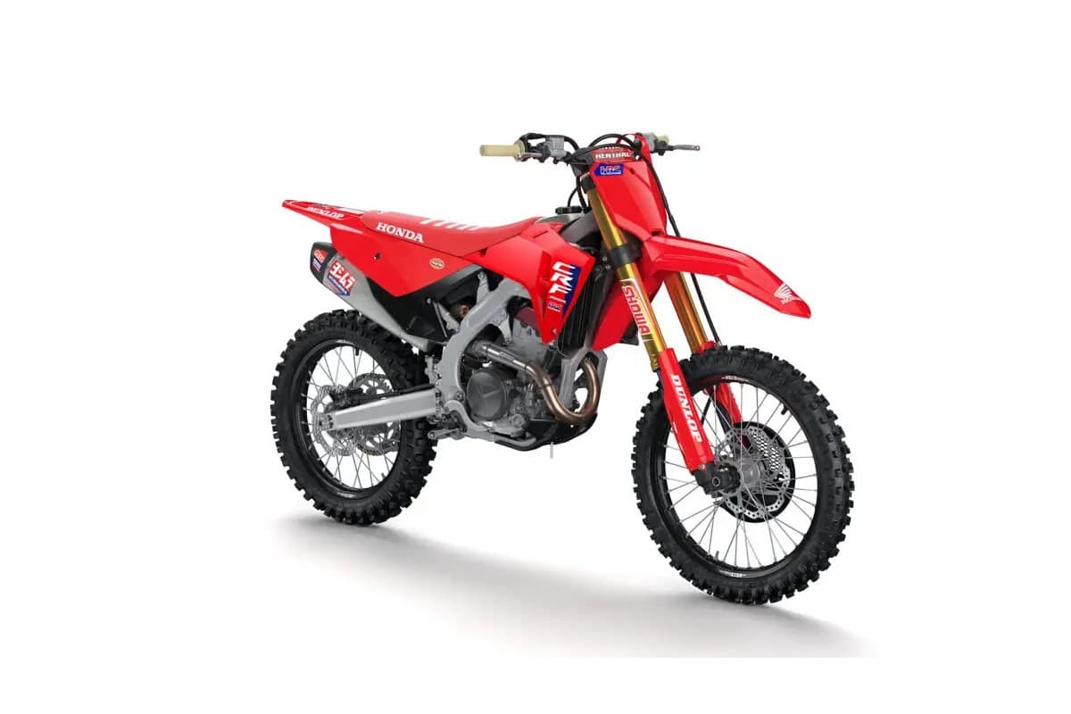 2027 Honda CRF250R HRC Works Edition motocross bike in red, front three-quarter studio profile showing gold Showa forks and Yoshimura exhaust