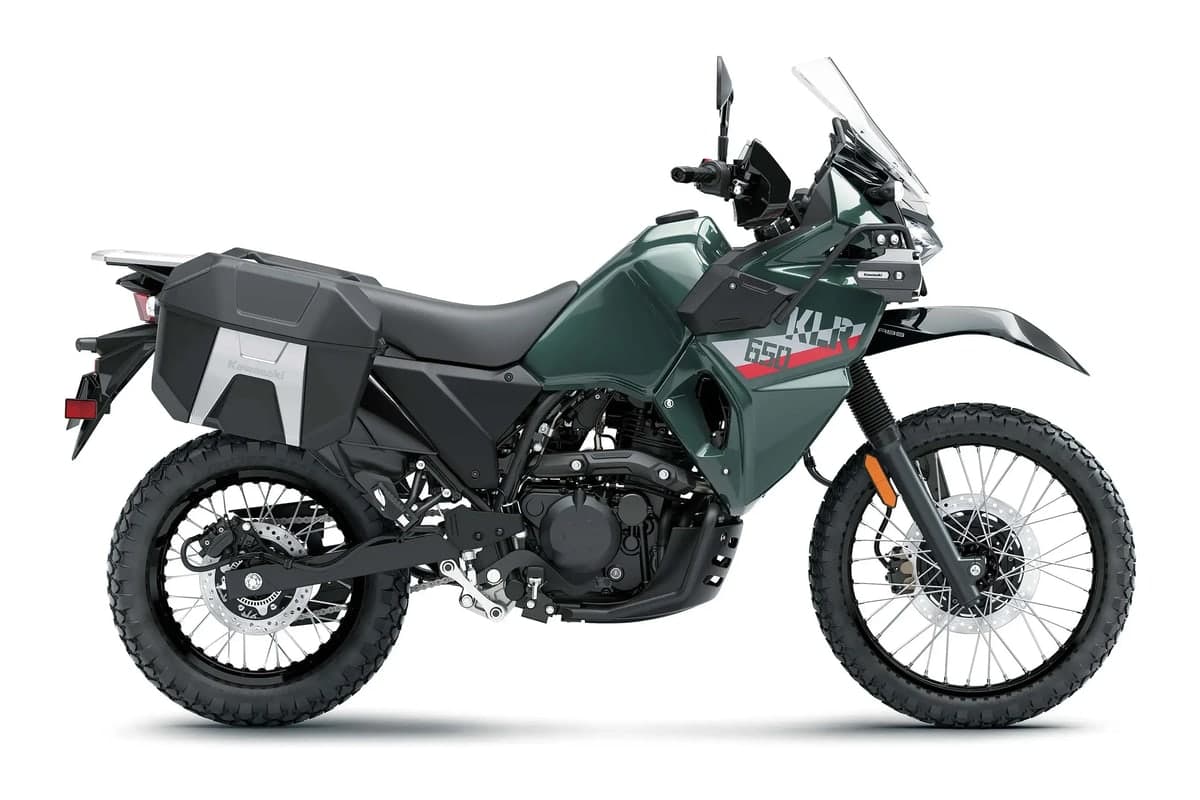 2027 Kawasaki KLR650 Adventure ABS in Metallic Bluish Green, side studio profile showing the hard saddlebags