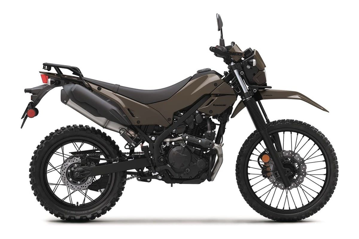 2026 Kawasaki KLX230 DF ABS dual-sport in matte bronze, right-side studio profile showing spoked wheels, dual exhaust cans and rear luggage rack