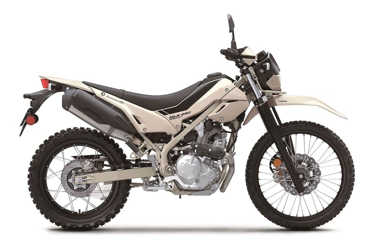 2026 Kawasaki KLX230 Sherpa S ABS in cream and black, right-side studio profile showing spoked wheels, upswept exhaust and long-travel forks