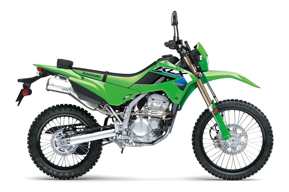 2027 Kawasaki KLX300 in Lime Green, side studio profile showing the gold fork, silver frame and spoked wheels