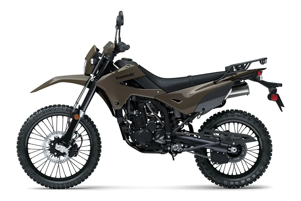 2027 Kawasaki KLX300 DF ABS in Medium Cloudy Gray with blacked-out parts, side studio profile showing the rear carrier and spoked wheels