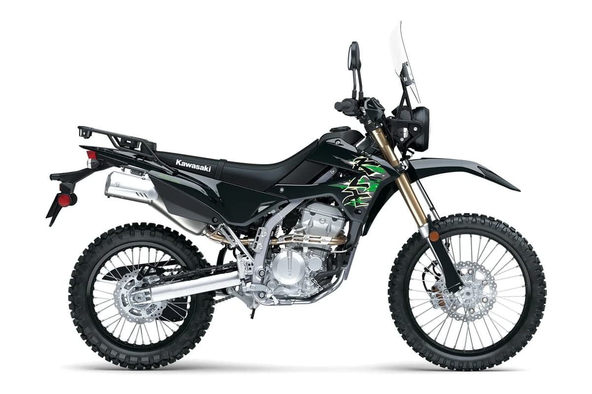 2027 Kawasaki KLX300 XPL ABS in Ebony with green graphics, side studio profile showing the windscreen, rear carrier and spoked wheels