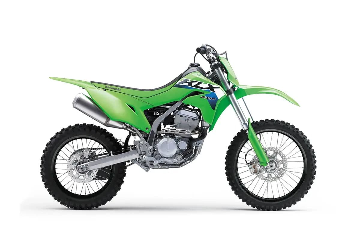 2027 Kawasaki KLX300R off-road bike in Lime Green, right-side studio profile on white showing the inverted fork, petal disc and knobby tyres