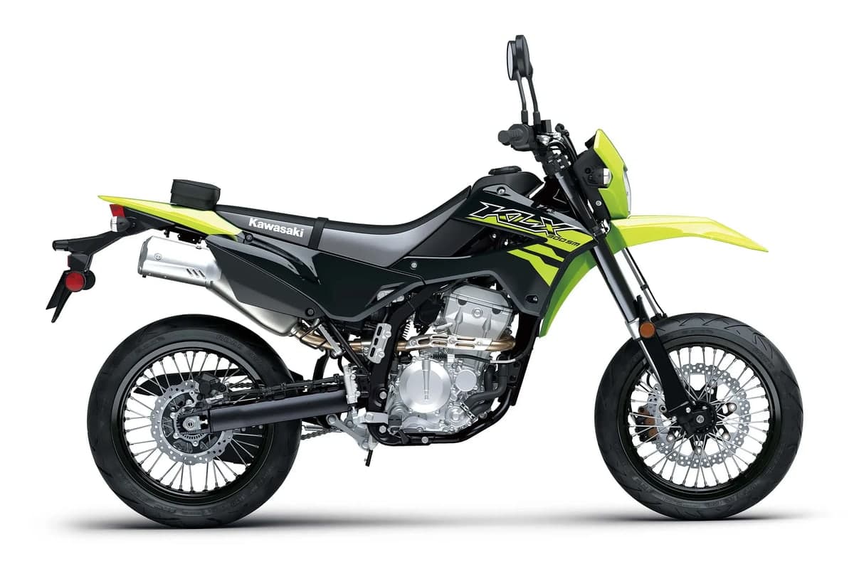 2027 Kawasaki KLX300SM ABS in Neon Green and Ebony, side studio profile showing the 17-inch wheels and road tires