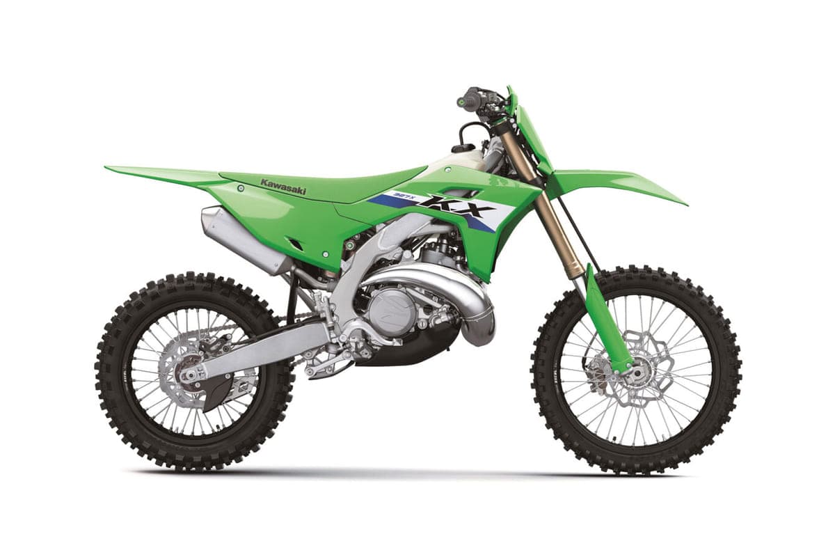 2027 Kawasaki KX327X cross-country two-stroke in lime green, right-side studio profile showing the exhaust pipe, gold forks and white radiator shrouds