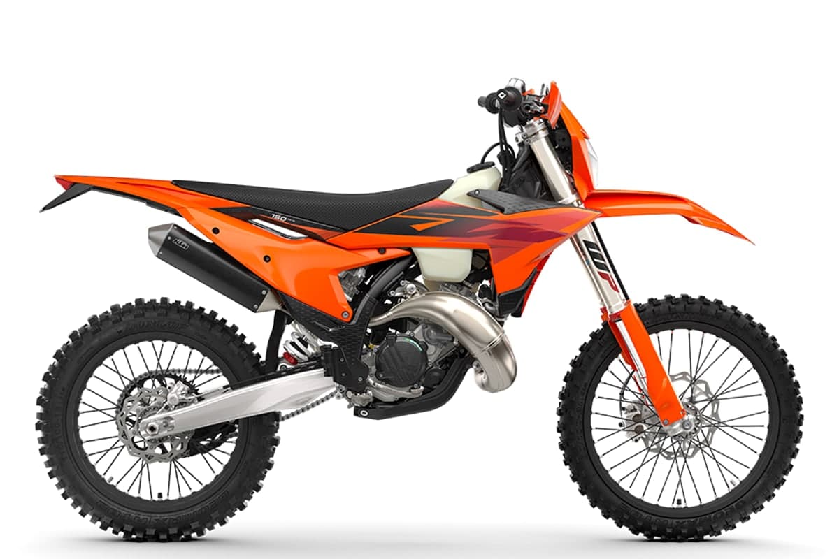 2027 KTM 150 XC-W two-stroke enduro bike in orange, right-side studio profile showing the WP XACT fork and expansion chamber
