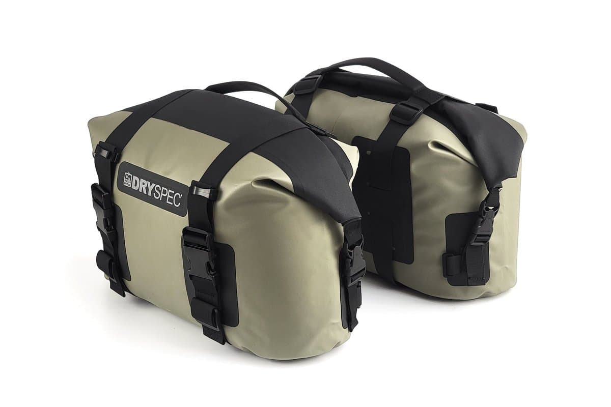 DrySpec D20 saddlebag pair in moss green, three-quarter view