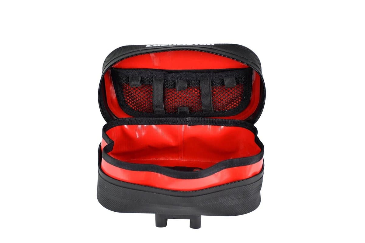 Handlebar Bag - Large opened, red interior with mesh pockets