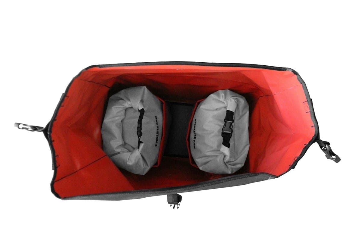 Monsoon 3 bag opened flat, red interior with two inner bags