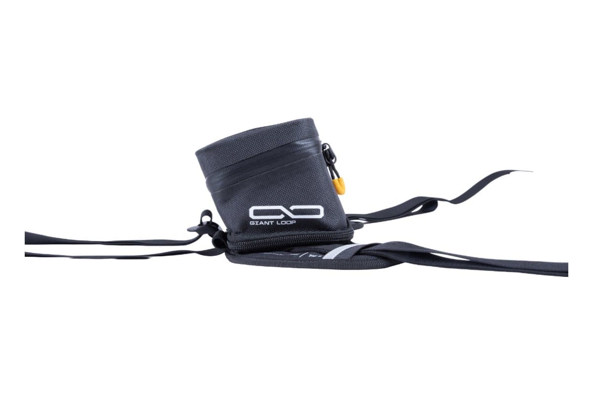 Buckin' Roll tank bag from the side, showing its low profile on the harness