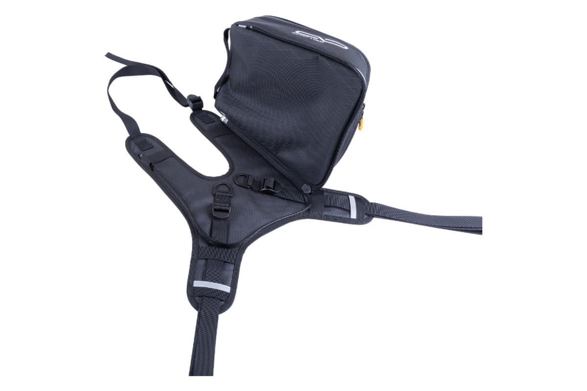 Diablo tank bag unzipped and flipped forward off its harness