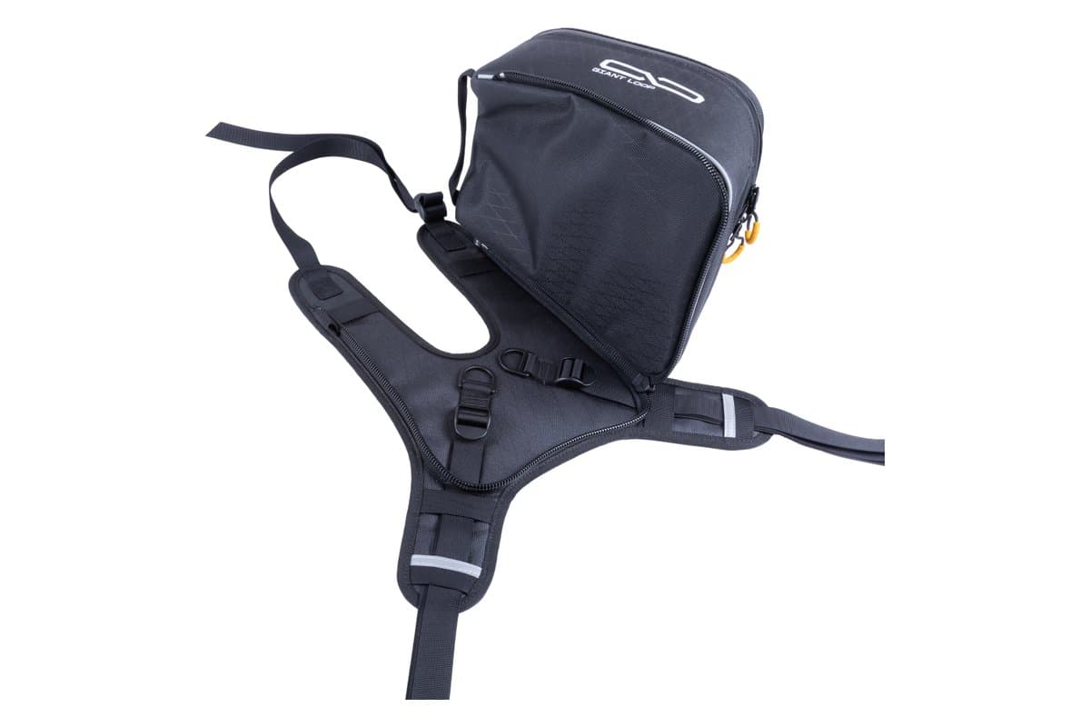 Fandango tank bag unzipped and flipped forward off its harness