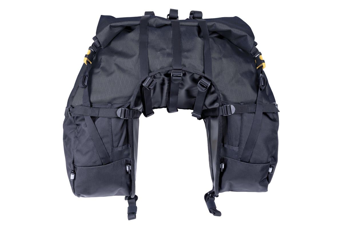 Great Basin saddlebag from the front showing the seat-side yoke and anchor straps