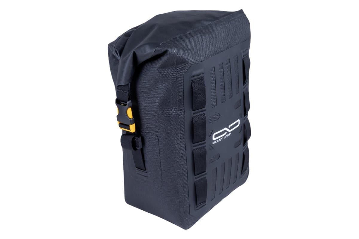 Revelstoke dry bag standing on end, showing the side buckle