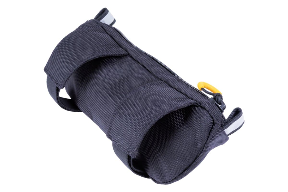 Zigzag handlebar bag end-on, showing the strap loops