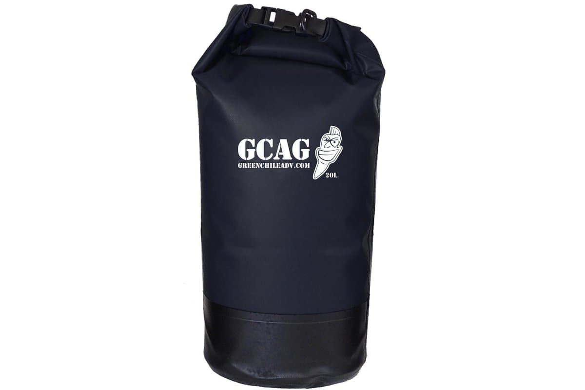 One of the included 20 L black roll-top Explorer dry bags on white