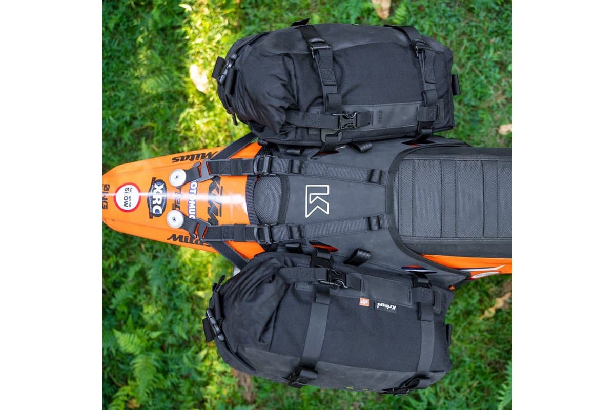 Top view of the OS-Base Dirtbike with packs fitted on an enduro bike