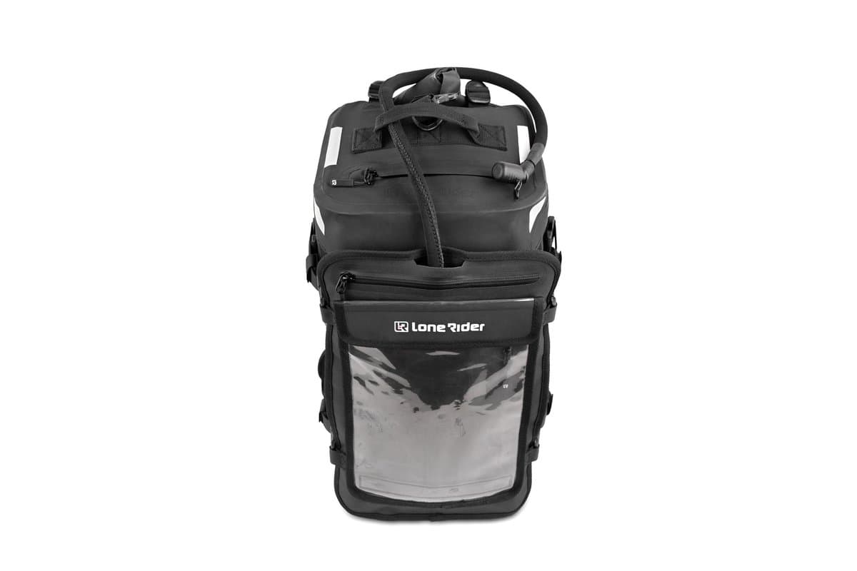 Overlander 30 standing upright, showing the beavertail and a hydration hose