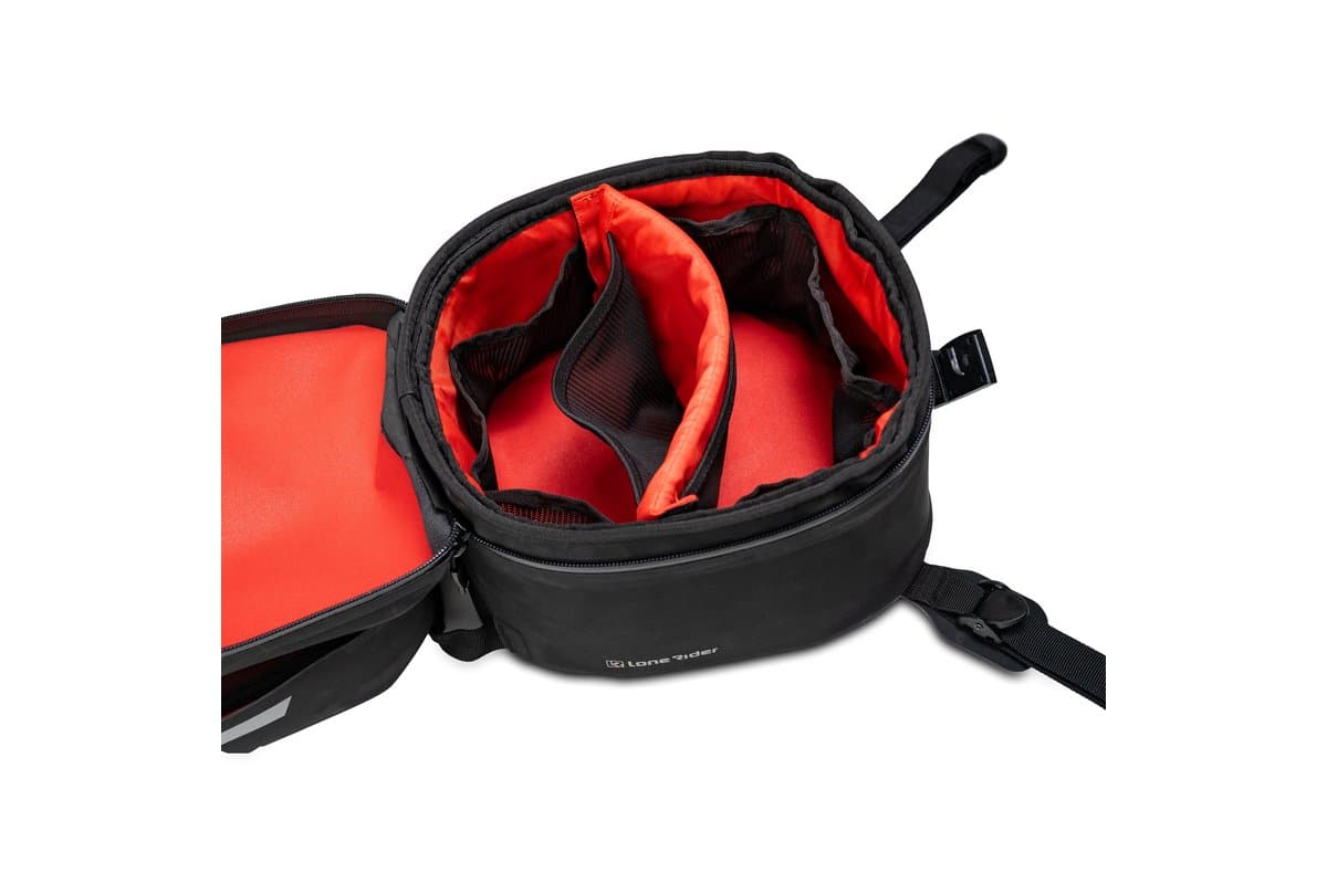 Ranger tank bag open showing the red liner and divider