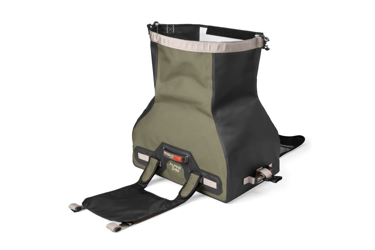 Alpine 50L Duffle unrolled with the top fully open