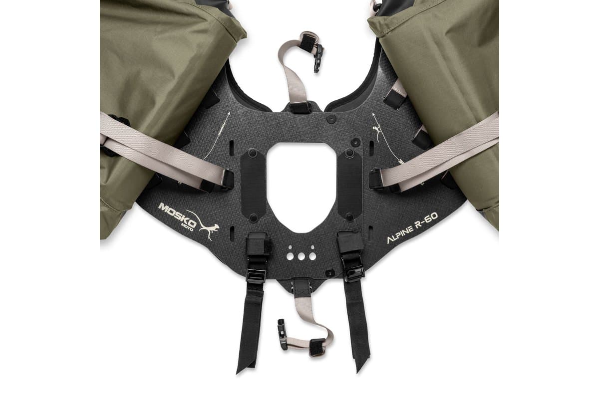 Underside of the Alpine 60L CURV harness with leg straps