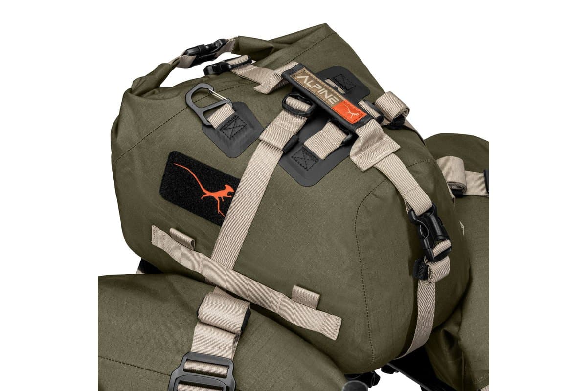 Alpine 60L removable tail bag on top of the harness, Woodland colour