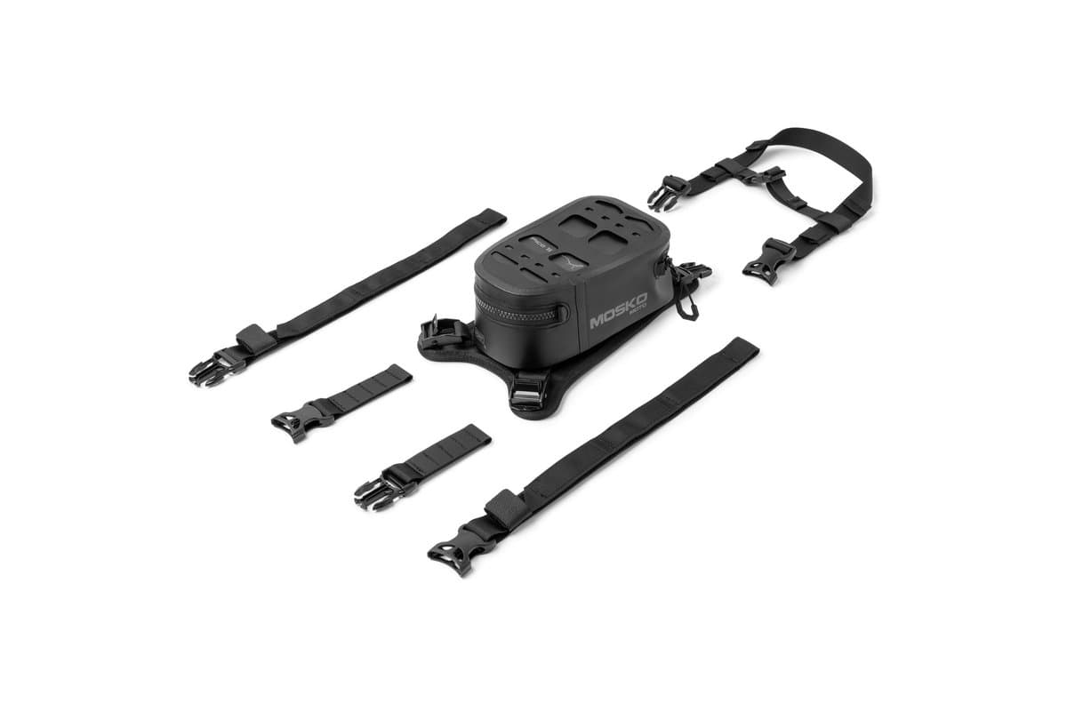 Pico Tank Bag with its mounting harness and straps laid out