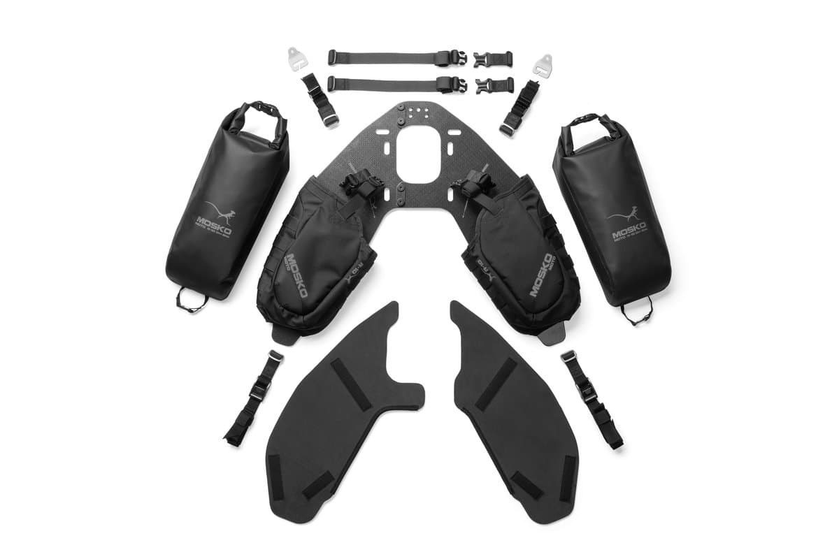 Reckless 10L kit laid out: CURV harness, two 5L dry bags, foam pads and mounting straps