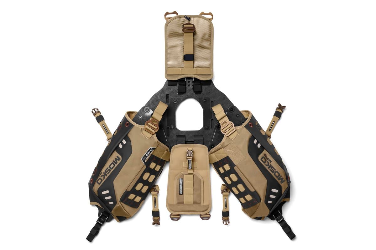 Reckless 40L harness laid flat from above with both leg holsters and the beavertail
