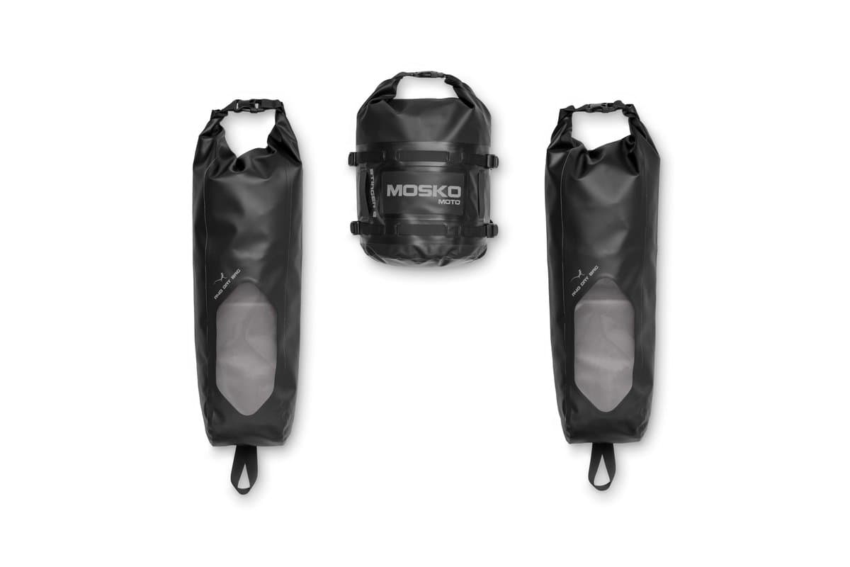 The three Reckless 40L roll-top dry bags removed from the harness