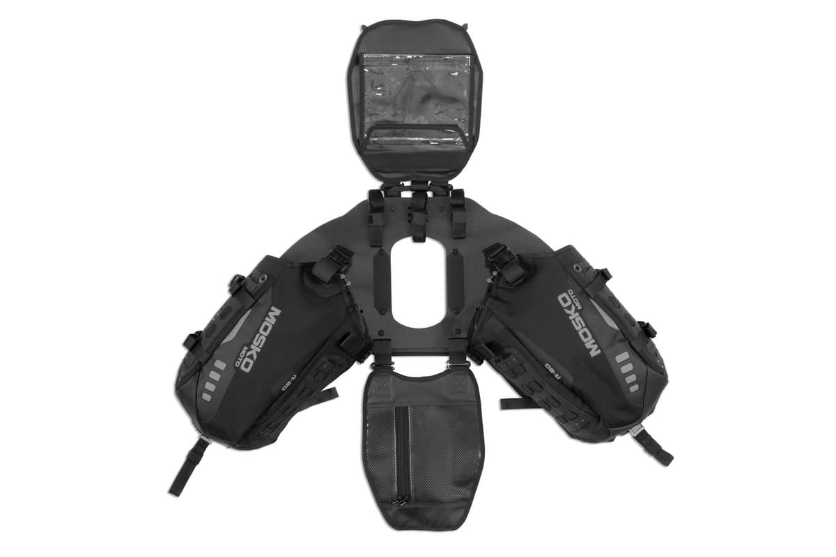 Reckless 80L harness laid flat from above showing the CURV base and leg holsters