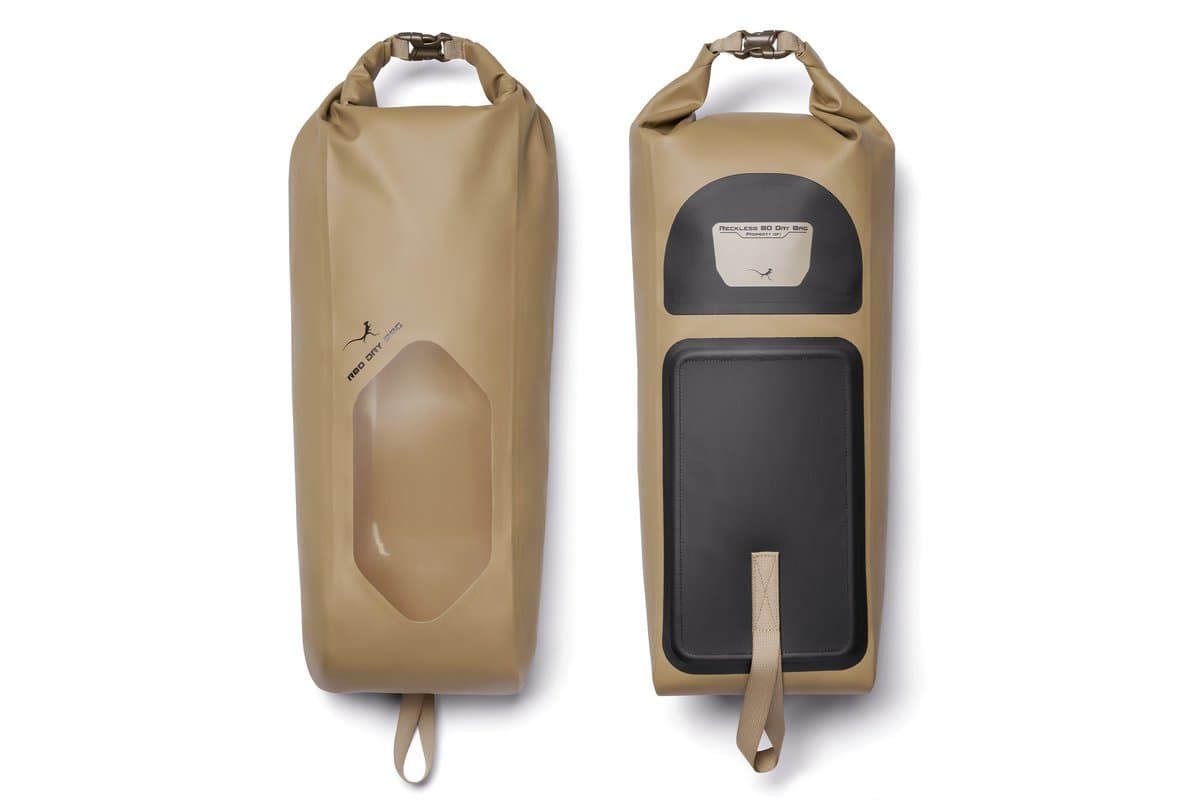 The two 25L Reckless 80 leg dry bags, front and back
