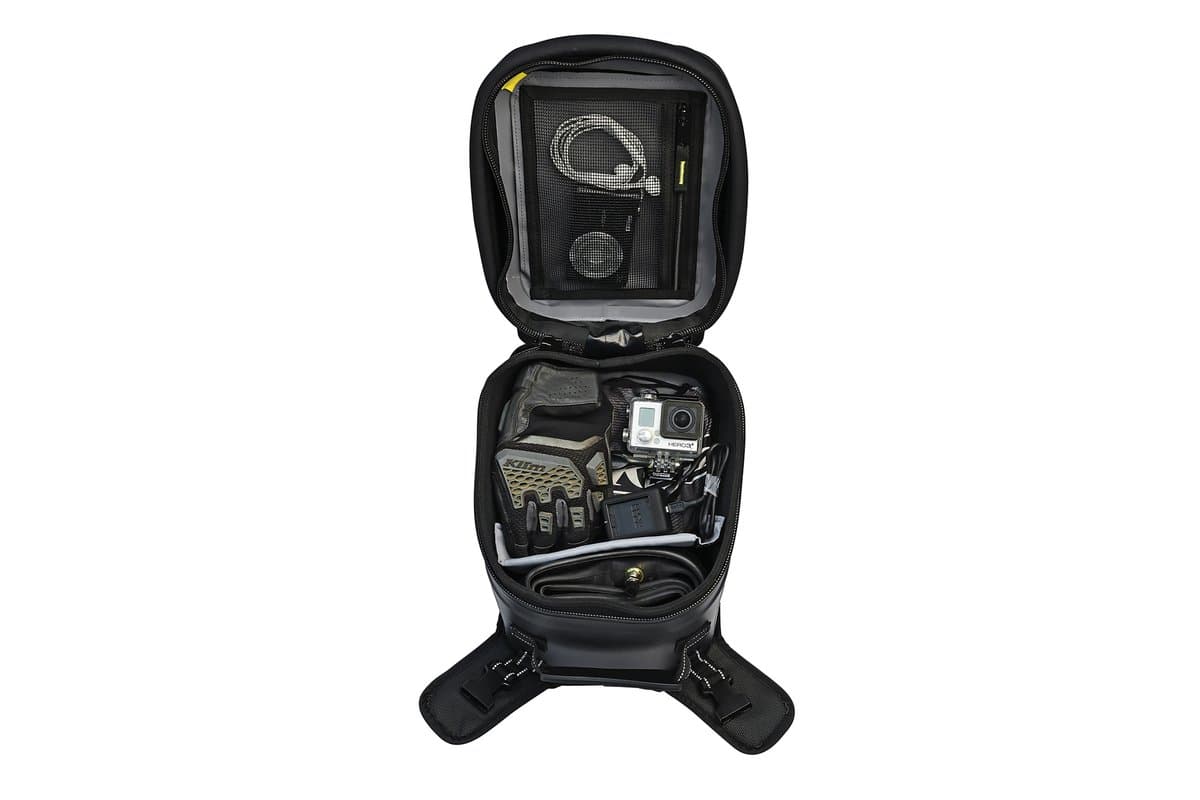 Hurricane Adventure Tank Bag open, showing the lid pocket and packed interior
