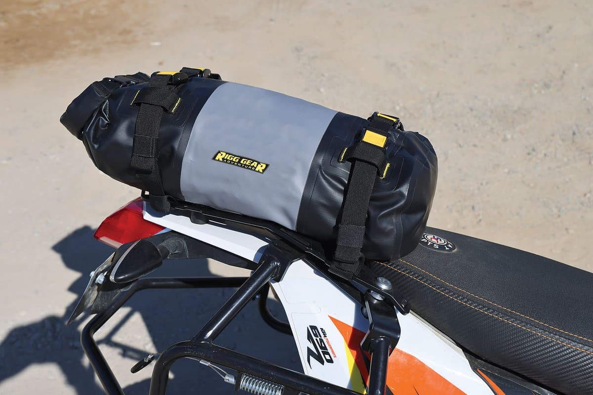 Hurricane roll bag strapped across the tail of a dual sport bike