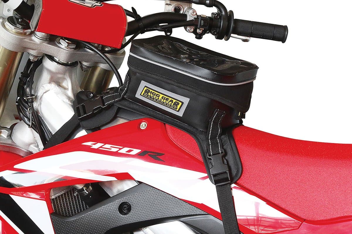 Hurricane Dual Sport/Enduro Tank Bag on the tank of a red Honda CRF450R