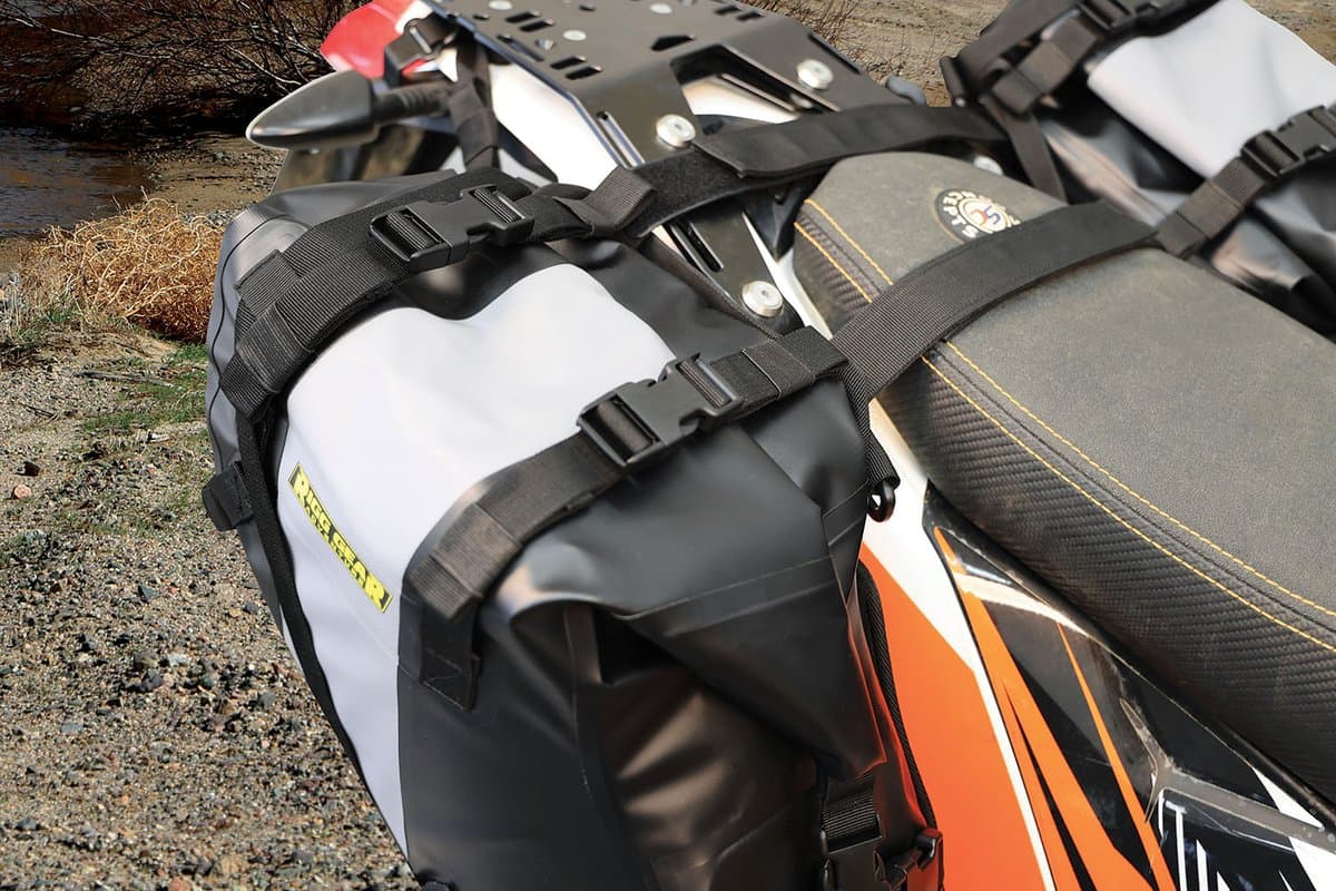 Close view of a Hurricane saddlebag strapped over the seat