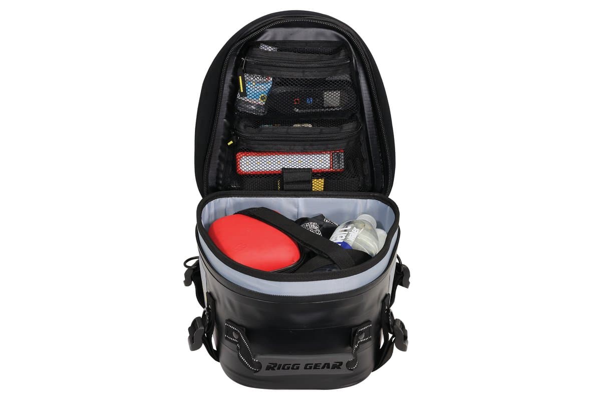 Hurricane Dual Sport Tail Bag open, showing lid pockets and packed interior