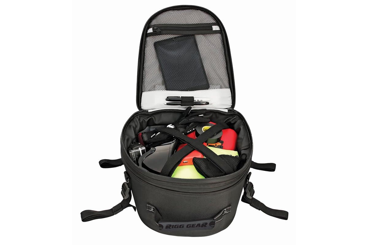 Trails End Adventure Tail Bag open, showing the lid pocket and interior straps