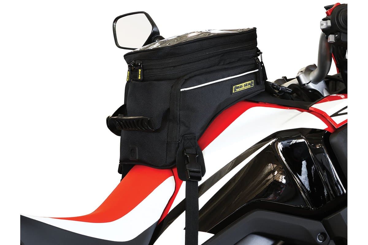 Trails End Adventure Tank Bag strapped to a Honda Africa Twin tank