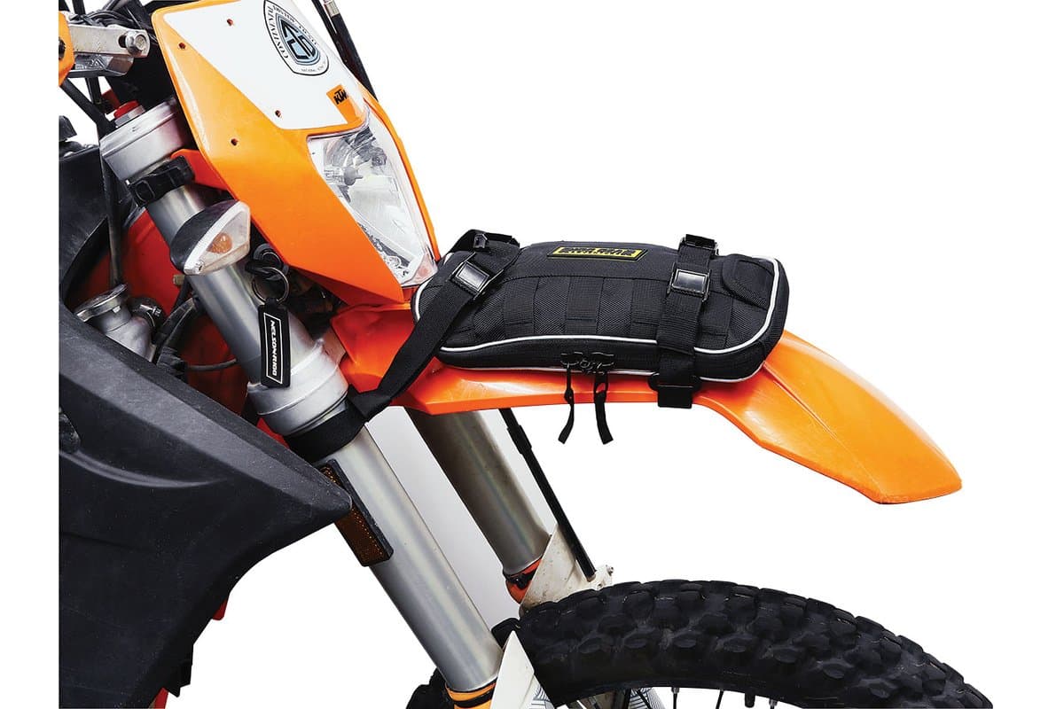 Front Fender Bag fitted to the front fender of an orange KTM