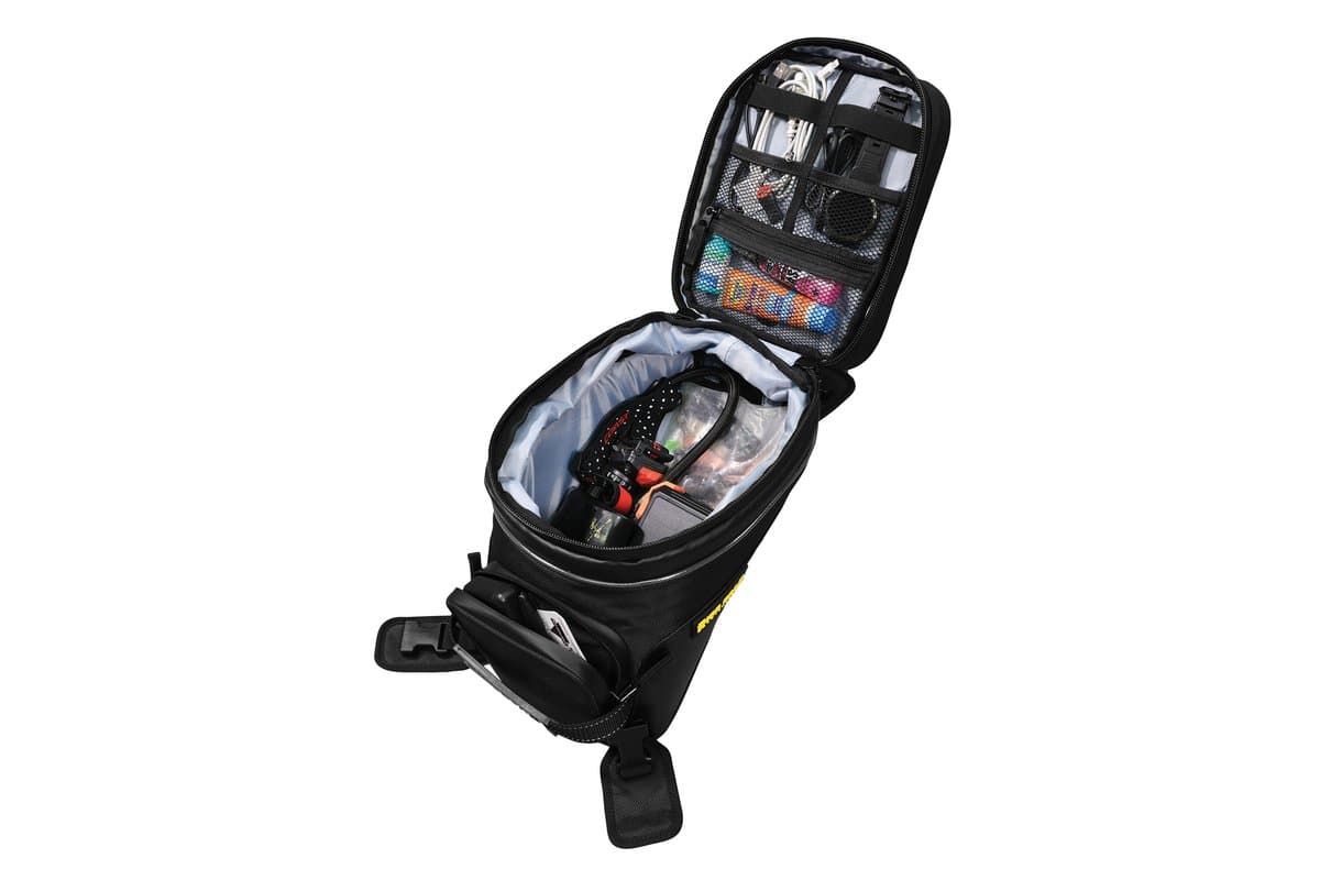 Grand Adventure Tank Bag with both compartments open and packed